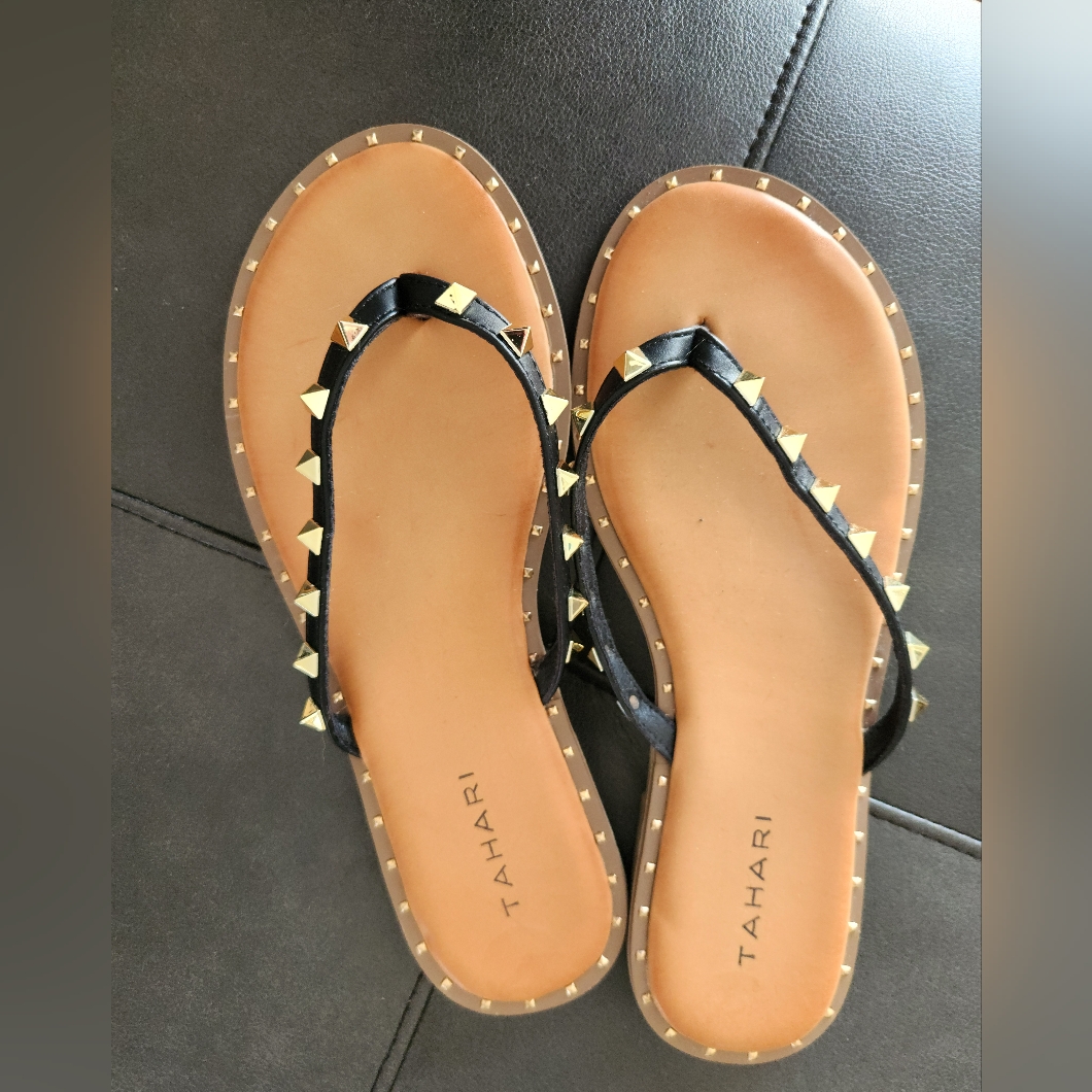 Tahari Black Strap Gold Studded Flat Sandal
